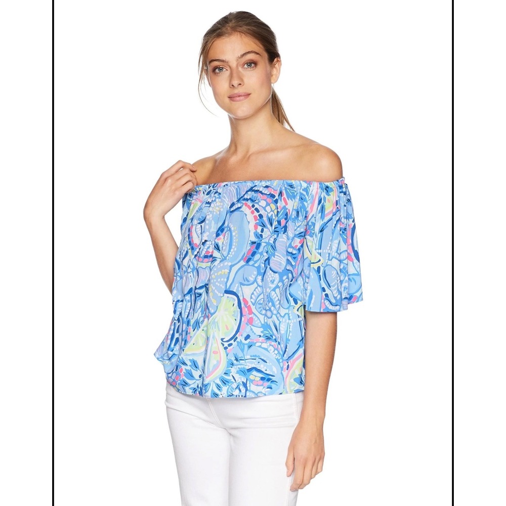 Lilly Pulitzer Sea You Soon Off The Shoulder Blouse Blue Paisley Rayon Top M